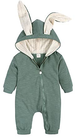Verve Jelly Neugeborenes Baby Jungen Mädchen Langarm Hoodie Strampler Unisex Hase Reißverschluss Overall Einfarbig Bodys Grün 59 0-3 Monate