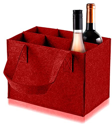 ueslwser Felt Cloth Beer Bag, Protable Large Wine Cardboard Bottle Carriers with Carry Handle, 6 Bottle Carrier Flexible Divider for Travel Picnic Halloween, Christmas Party (Red)