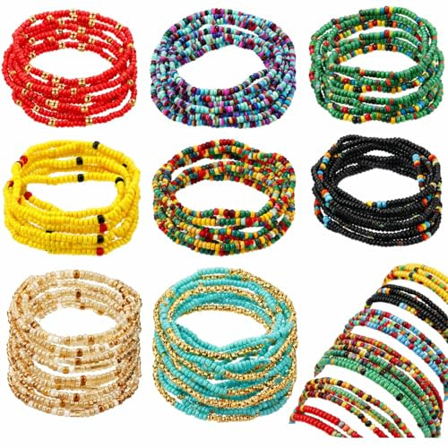 Junkin Lot de 8 bracelets de cheville élastiques faits à la main pour femme africaine multicolore avec perles de rocaille extensibles pour femme - Bracelet bohème élastique avec perles de verre