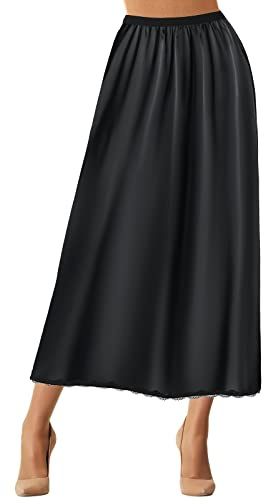 Jadive Women's Satin Half Slip Lace Long Underskirt Skirt Slip Long Slips for Dresses Lingerie Skirt(XL,Black)