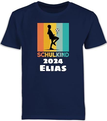 Kinder T-Shirt Jungen Schulanfang - Einschulung Junge - Fußball 2025 Retro - weiß - 128 (7/8 Jahre) - Navy Blau - Tshirt Schulkind 2023 einschulungst-Shirt schulkinder Fussball kindershirts