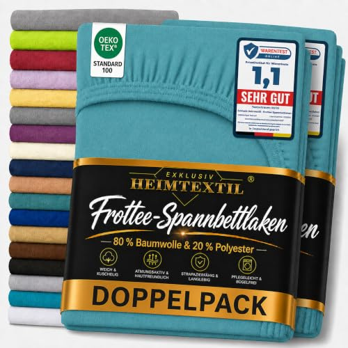 EXKLUSIV HEIMTEXTIL Frottee Spannbettlaken Marke Doppelpack 90 x 200 cm 80% Baumwolle, 20% Polyester Öko - Tex Zertifiziert, Markenqualität, Matratzenhöhe bis 25 cm, Türkis