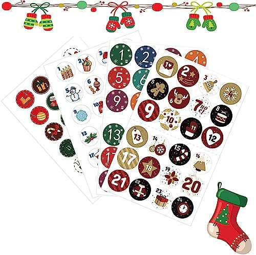 Aufkleber Adventskalender, Adventskalender Nummern, 4 x 24 Sticker für Aufkleber Zahlen Adventskalender, Kalender Zum Befüllen, Papiertüten Weihnachten,Adventskalendertüten,Adventskranz Selber Basteln