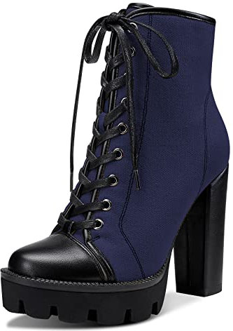 Castamere Donna Chunky Blocco Alto High Tacco Heel Piattaforma Stivaletti Rotonda Punta Lacci Cerniera Stivali Blu Navy 43 EU