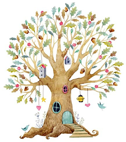 241 Wandtattoo bunter Baum Eiche Elfenbau Haus Größe 1500 x 1750 mm - in 2 Größen - Kinderzimmer Sticker Wandaufkleber Wandsticker Wanddeko Wandbild