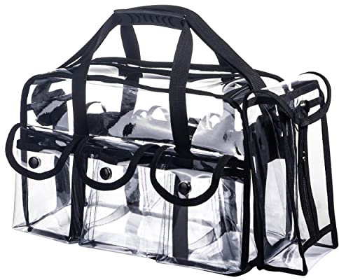Professional Large Clear PVC Travel Bag with 6 Exterior Pockets and Strap, Black, Professional Makeup Bag