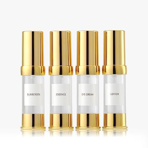 XQNCBY Gold Travel Pump Bottle for Toiletries Travel Size Airless Pump Bottles Travel Set Makeup Pump Dispenser with Box Refillable Empty Makeup Pump Bottle (0.5 oz/15 ml, 4 Packs)