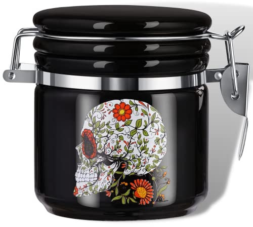 Sugar Skull Stash Jar Half Oz (250ml), Odor Proof Airtight Container for Fresh Herb Storage, Flower Bowl Bottle Holder - Goth Decor Gothic Gifts for Women - Black