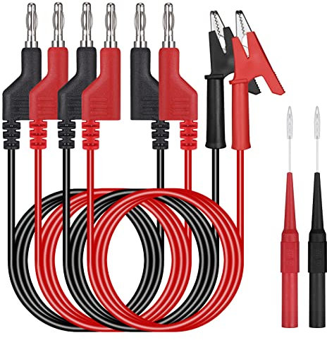 Hejo 6 Pezzi Set di Puntali multimetro, 4 Pezzi Banana Coccodrillo da 4mm con 2 Multimetro Isolato Sonda, Puntali Tester Digitale Lunghezza di 1M per Multimetro, Rosso e Nero
