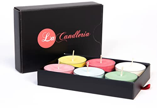 LaCandleria - Duftkerzen Set mit 6 fruchtige Teelichte, Handarbeit, Lange Brenndauer, Kerzen in Durchsichtigem Behälter, Hochwertige Teelichter, Geschenkset, Premium Qualität