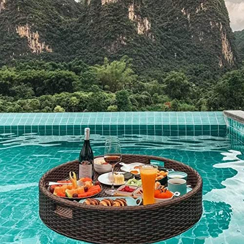 Schwimmende Servierschalen Tischbar, Swimmingpool Round Floats Tably für Sandbänke, Spas, Bad und Partys, schwimmende Tablett für Pool -Serviergetränke, Brunch, Essen auf dem Wasser,Brown-80cm