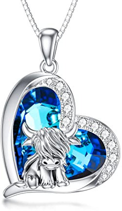 PROESS Collier en Cristal de Vache Highland Collier en Argent Sterling 925 Coeur Collier de Vache Pendentif Animal Bijoux de Vache Cadeaux pour Femmes Filles