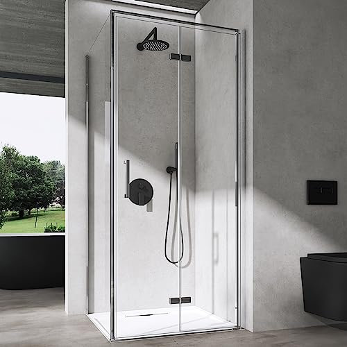doporro Box Doccia 90x100cm con Piatto Doccia, Cabina Bagno con Porta Pieghevole Vetro di Sicurezza ESG Vetro Trasparente Ravenna37K-Plus