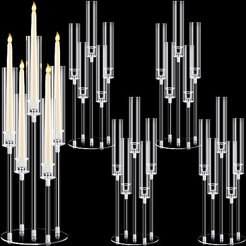 Barydat Kerzenhalter aus Acryl, transparent, 5-armig, Kerzenhalter mit Acryl-Schirm, Stumpenkerzenhalter für Hochzeit, Abendessen, Party, passend für 2,2 cm LED-Kerzen, transparent, 4 Stück