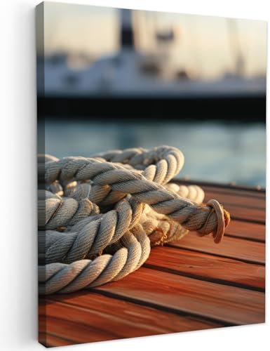 MuchoWow© Impression sur Toile Decoration Murale Peinture 60x80 cm Tableaux Decoratifs Muraux Décoration Chambre Corde - Bateau - Maritime - Bois - Port