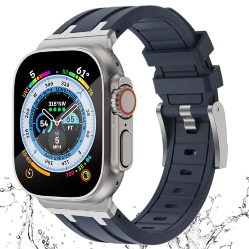 KADES pour bracelet Apple Watch Ultra 2/Ultra 49mm,bracelet en caoutchouc de silicone liquide avec adaptateur en acier inoxydable pour iWatch SE/Serie 9 8 7 6 5 4 3 2 1 45mm 44mm 42mm, Argent/Bleu