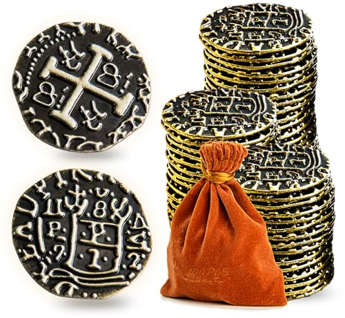 Prefdo Bronze Treasure Coin Set - 100PCS Spanish Doubloon Replicas, Fantasy Metal Coins for Board Games, Cosplay, 1.18in