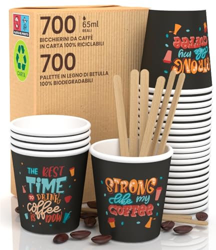 Lot de 700 verres à café en papier 65 ml Verres StrongLifeCup écologiques biodégradables jetables petits emporte-pièces + 700 palettes en bois de bouleau