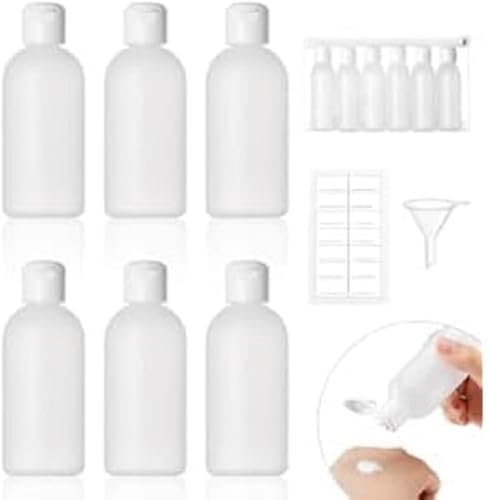 Lot de 6 flacon voyage 60ml, bouteilles vide de voyage à remplir avec petit entonnoir et étiquettes, contenant en plastique transparent, accessoire voyage avion kit pour shampooing, gel douche, lotion