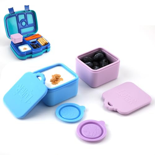 LUTER 2uds Recipientes para Salsas para Kids Prints, Prueba Fugas Lonchera Divisora con Tapas de Sellado Soporte de Silicona para Comidas Sin BPA Apto para Lavavajillas (Azul, Púrpura)
