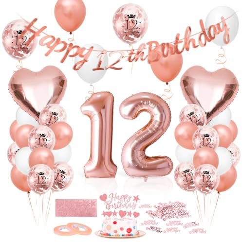 Luftballon 12. Geburtstag Roségold, Geburtstagsdeko 12 Jahr, Ballon 12. Geburtstag, Riesen Folienballon Zahl 12, Happy Birthday Folienballon 12, Ballon 12 Deko zum Geburtstag Frauen
