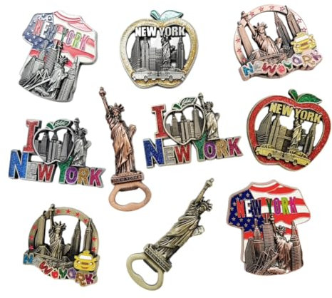 10 Pack Multicolor Bundle NYC Metal Refrigerator Fridge Magnets New York Souvenir Empire State Building, Skylines, Statue of Liberty, Big Apple, USA Flag, Fridge Magnet Bottle Opener (Color May Vary)