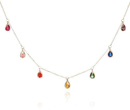 namana Bunte Goldketten für Damen und Mädchen aus 925er Sterlingsilber mit hängenden mehrfarbigen Regenbogen-Anhängern, zierliche Goldkette für Frauen mit farbigen Zirkonia-Steinen