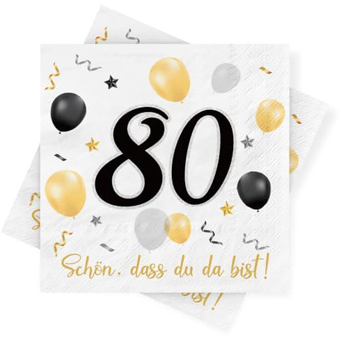 Servietten 80. geburtstag, 30 Stück Schwarze Gold Geburtstags Servietten, Deko 80. Geburtstag Schön, dass Du da bist, 3-Lagig Papierservietten für Mann Frau Geburtstag Feier Jubiläum Tischdekoration