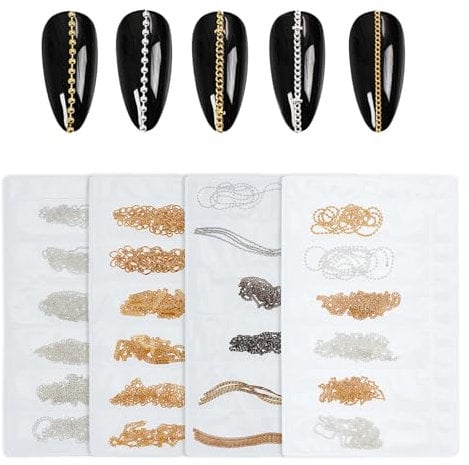 NICENEEDED 24 Strips Metal Nail Art Chains, Nail Jewelry Chains, Alloy Nail Chains Punk Nail Charms Nail Ornaments Nail Jewels Nail Art Studs for Nail Decoration