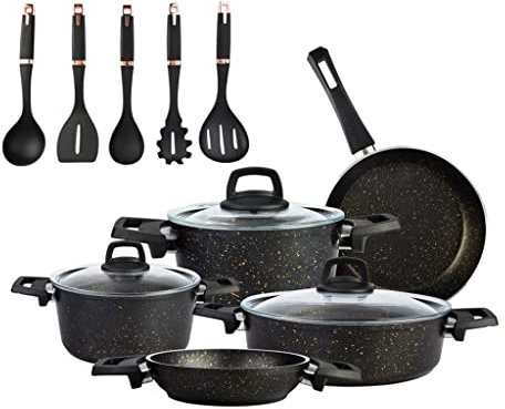 CRBUDY Cooking Pot, Frying pan,Set 13 Pieces Black Pot Glass Lid Kitchen Kit Set Kitchen Tools (Black) Vision