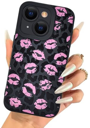 Reownest Compatible with iPhone 14 Case, Cute Sexy Lip Black Leopard Print Pattern for Girls Women Soft TPU Bumper Silicone Shockproof Phone Case for iPhone 14 -Pink