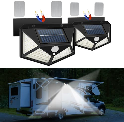 EJYTRVT Luces solares para porche de caravana, activadas por movimiento, fuerte soporte magnético con lámina de metal adhesiva para cualquier material de caravana, iluminación exterior para toldo de