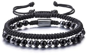 Jovivi Schwarzes Obsidian Armband für Herren - Perlenarmband mit Edelsteinen, Schwarzer Onyx, Hämatit - Heilsteine für Freunde, Ehemann, Vater