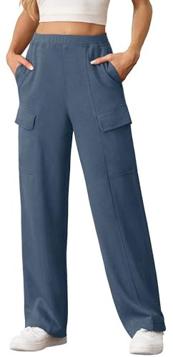 QIXING Cargo Jogginghose Damen Baggy Lässige Weite Hose Herbst Winter 2024 Bequeme Sweatpants Einfarbige Sweathose mit Taschen(Nebliges Blau, L)