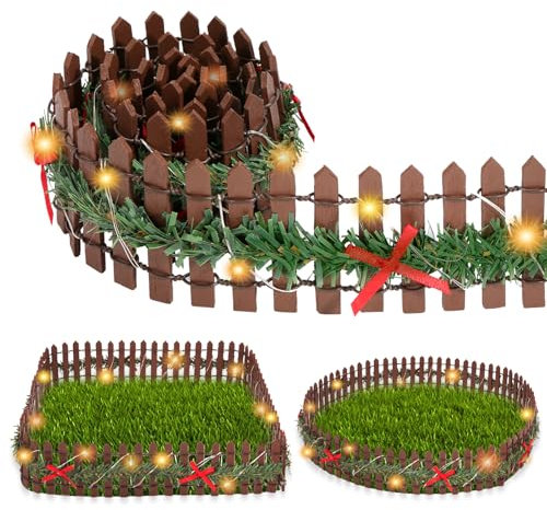 Mini Recinzione per Giardino, 90 x 5 cm Mini Staccionata in Legno con Luci, Mini Recinzione in Legno, Recinzione da Giardino in Miniatura Recinto Miniatura, Decorazione Ornamenti Pianta (Marrone)