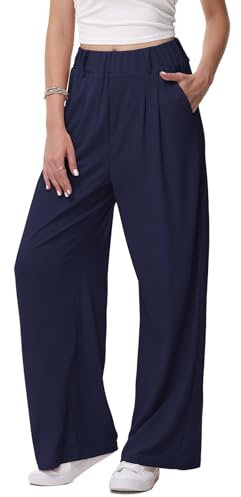HMIYA Weite Hosen Damen-Lässig Locker Stoffhose Leichte Palazzo Hose Hohe Taille Dünne Herbst Hosen mit Tasche,Navy,L/34L
