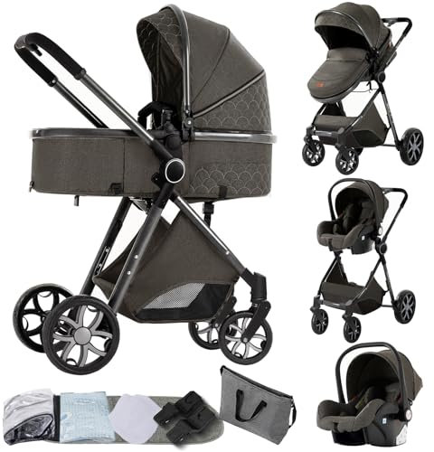 Magic ZC Kinderwagen 3 in 1, Kombikinderwagen 3 in 1 Komplettset mit Umkehrbarem Zwei-Wege-Schub, Buggy mit Zubehör Hohe Landschaft, Faltbarem Tragbarem One-Click-Design (V9 Deep Grey)