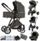 Magic ZC Kinderwagen 3 in 1, Kombikinderwagen 3 in 1 Komplettset mit Umkehrbarem Zwei-Wege-Schub, Buggy mit Zubehör Hohe Landschaft, Faltbarem Tragbarem One-Click-Design (V9 Deep Grey)