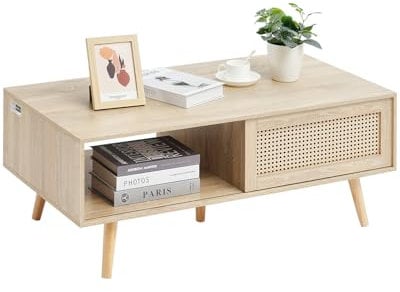 VEVOR Mid Century Modern Boho Style Rattan Coffee Table, Rectangle Wood Coffee Table, 42 Inch Two Layers Storage, for Living Room, Bedroom & Small Spaces