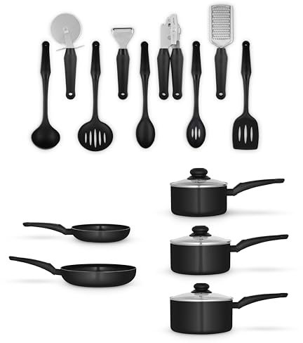 Swan SWPS5022BLK Townhouse 14 Piece Aluminium Cookware and Tool Set with 16/18/20cm saucepans with Glass Lids and 20/26cm Frying Pans, Black