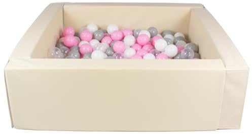 Velinda Piscine à balles carrée avec 300 balles, Cuir écologique, 5 éléments (Couleur de la Piscine/de balles: Cappuccino/Blanc, Transparent, Rose Clair, Gris)