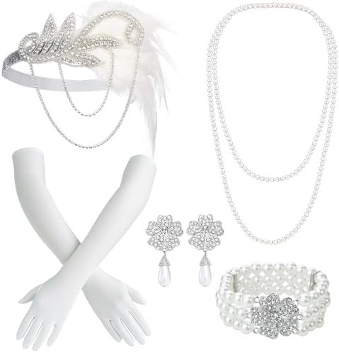 Saier tbo 6 Stück 20er Jahre Accessoires Set, Great Gatsby Kostüm Zubehör Kit mit Stirnband Perlenkette weiße Handschuhe Armband Ohrringe für Damen Karneval Halloween