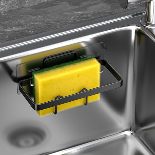 Porte-Éponge pour Évier de Cuisine Adhésif - Organisateur d'Évier 2 en 1 pour Éponge, Brosse et Bouchon, Range-Lingettes Anti-Rouille, Étagère de Drainage Sans Perçage (Noir, Design Compact)