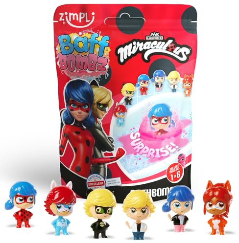 ZIMPLI - Bomba da bagno grande a sorpresa Miraculous, 6 giocattoli a sorpresa Miraculous da collezionare in totale, uno per bomba, giocattolo da bagno collezionabile per bambini