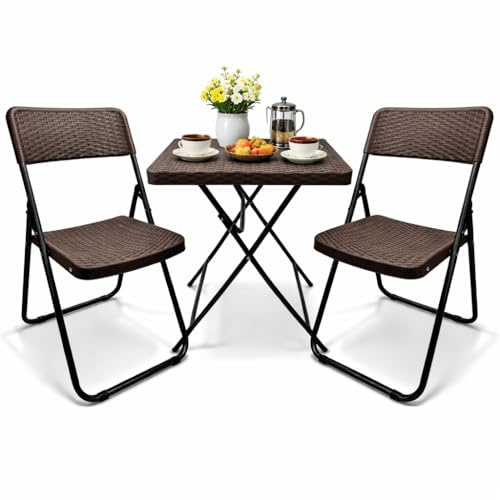 SUNMER Patio Bistro Garden Furniture Set - 3 Piece Rattan Effect Folding Table and Chairs - Heavy Duty Capacity, Weather Resistant Outdoor Seating for Garden, Balcony, Yard and Dining - Brown