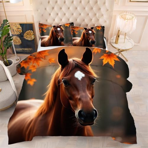 Gumntun Bettdecke 135×200 cm Braunes Pferd, Ganzjahresdecke für Normal Temperierte Schlafzimmer, Lleichte Dünne 3-Teilig Steppdecke mit 2 Kissenbezüge 80×80 cm f974