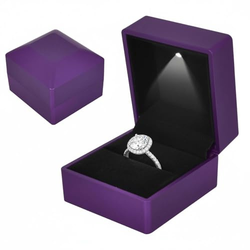 Colexy Ring Box mit LED-Licht, LED-Ringbox Beleuchtete, Samt Schmuck Geschenkbox mit LEDs-Innenbeleuchtung, Schmuck Präsentationsbox, für Verlobung Heiratsantrag Hochzeit, 5.8 * 6.3 * 5cm, Lila