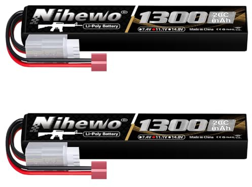 Nihewo Airsoft Battery 11.1V 1300mAh 3S Lipo Battery 20C T Plug 2Packs | Rechargeable 11.1V 1300mAh 3S Lipo Battery 20C with Dean-Style T Plug for AEG Airsoft Gun/Rifle RC Models