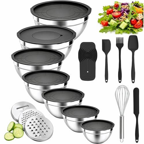 Nifogo Lot de 7+14 Saladier Avec Couvercle, Cul de Poule Inox Avec Couvercles Hermétiques & 3 Râpes, 4,2L/3,3L/2,5L/1,9L/1,4L/1L/0,7L, Empilables pour Cuisine Préparation, Mélanger & Service