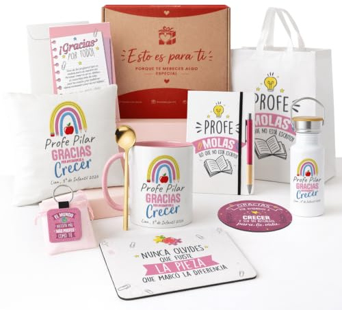 Kembilove® Pack Regalo Profesora Fin de Curso Personalizado – Kit Premium con Cojín, Taza y Libreta – Detalle Emocional y Completo para Profesores – Regalo de Clase Especial